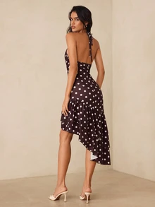 Glamine Women's Brown And White Polka Dot Velvet Halter V-Neck Short Dress, Ruched Chest Design, Asymmetrical Ruffle Hem Skirt, Retro Elegant Vintage Vacation - Brown - View 2