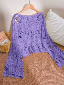 CosyJoli Plus Size Solid Color Hollow Knit Sweater Fall - Purple - View 2