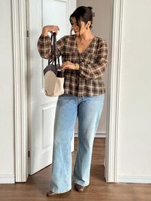 Lounesse Plus Size Women's Plaid Front Tie Long Sleeve Casual Shirt - Brown - View 3