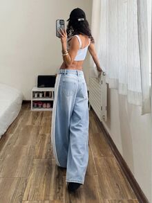 StreetHx Women's Side Stripe Pocket Wide Leg Loose Casual Denim Jeans - Light Wash - View 2