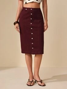 Selenza Chân váy denim nữ cài cúc gợi cảm thanh lịch - Màu Hoa hồng đỏ - Xem 3