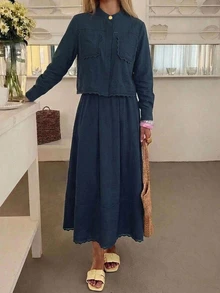 DAZY 春夏女款優雅蕾絲拼接口袋襯衫與裙子兩件套 - 藏蓝色 - 查看 3