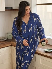 Doze Lane Plus Size Women's American Casual Loose Comfortable Giraffe Print Button Long Sleeve Pants Pajama Set, Suitable For Autumn - Navy Blue - View 4