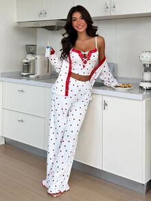 ZzzCrew 3pcs Heart Print Camisole, Long Pants And Lace Trim Robe Pajama Set - Multicolor - View 7