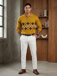 Manfinity Homme Men's Turn-Down Collar Button Half-Placket Long Sleeve Sweater - Mustard Yellow - View 3