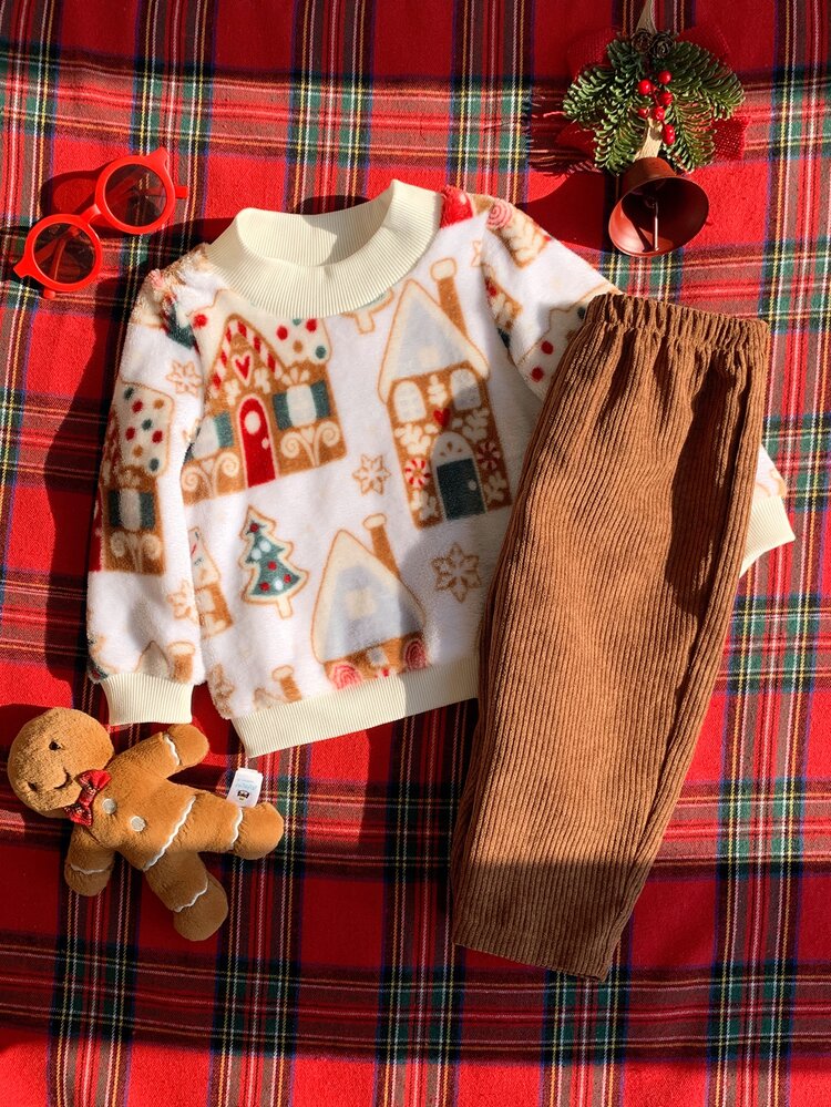 SHEIN 2pcs Baby Boy Autumn/Winter Cartoon Bear Pattern Knitted Soft Crew Neck Long Sleeve Pullover Sweatshirt And Elastic Waist Long Pants Set, Christmas Outfit, Plush Set, Infant Outfit - Multicolor - View 5