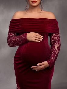 SHEIN Burgundy Velvet Contrast Lace Long Sleeve Plus Size Maternity Evening Gown, Cold Shoulder, High Slit Sheer Lace Elements, Suitable For Evening Party, Cocktail Or Wedding - Burgundy - View 3
