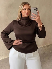 Auralis Áo blouse tay dài dáng xòe xếp ly ôm eo tôn dáng size lớn, lưng eo thun co giãn, phong cách thanh lịch đi làm và dự tiệc - màu nâu - Xem 2
