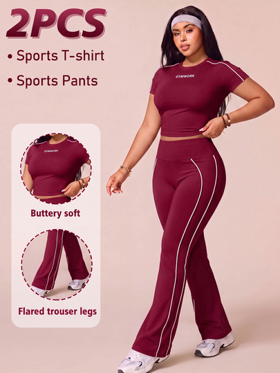 SHEIN Rhythm Era Women's Plus Size 2-Piece Sportswear Set Pink Round Neck Short Sleeve Flared Hem T-Shirt High-Waist Curved Design Flared Leggings Outdoor Exercise Gym