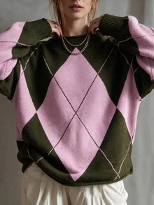 GlowEve CURVE Plus Size Fashion Vintage Jacquard Colorblock Pullover Sweater - Multicolor - View 5