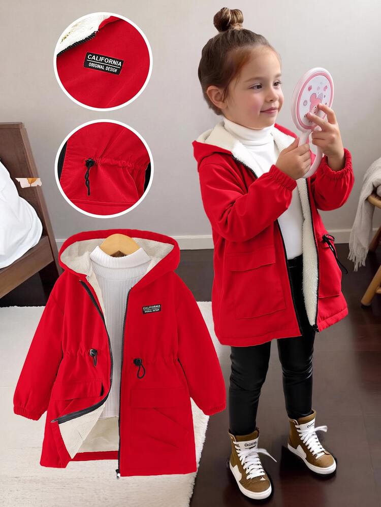 Kids Young Girl Autumn/Winter Cute Khaki Versatile Casual Fleece Lined Hooded Jacket - Red - View 1