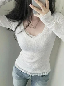 DAZY 女款V領純色極簡性感長袖優雅T恤 秋季 - 白色 - 查看 5