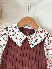 SHEIN Girls' Elegant Rose Dusty Pink Knitted Ribbed Patchwork Floral Digital Print Ruffle Collar 2 In 1 Dress, Autumn - Brown - View 4