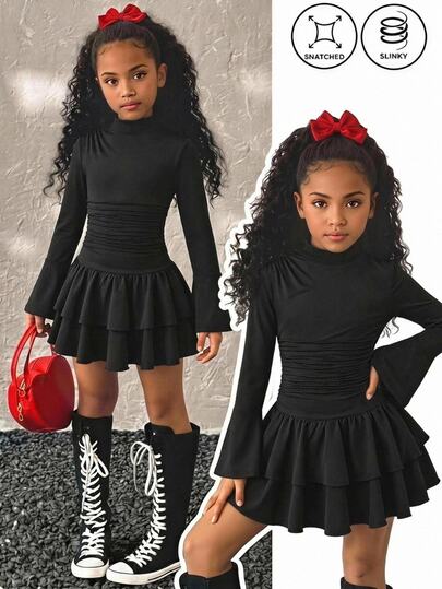 Girlism Tween Girls Dresses Autumn/Winter Black Long Sleeve High Neck Pleated Waist Vintage Dress, Suitable For Autumn/Winter Outfits