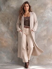 Ceyna Plus Size Women's Fashion Mid-Length Cardigan Sweater With Pockets, Casual Versatile Daily Autumn/Winter Outerwear - Apricot - View 4