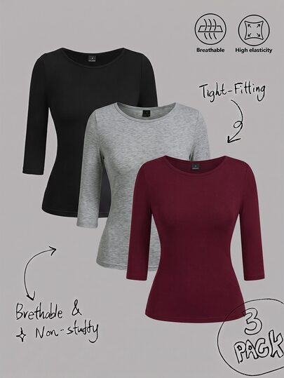 SHEIN EZwear 3pcs Kaos Wanita Lengan 3/4 Warna Hitam, Abu-abu, Merah Marun Model Boat Neck Pas Badan, Atasan Kasual Slim Fit, Cocok Untuk Perjalanan Sehari-hari, Berkumpul, Musim Gugur/Musim Dingin/Musim Semi/Musim Panas, Natal, Tahun Baru, Thanksgiving, Pesta, Pernikahan, Pantai, Wisuda, Elegan, Jalan-jalan, Kencan, Perjalanan