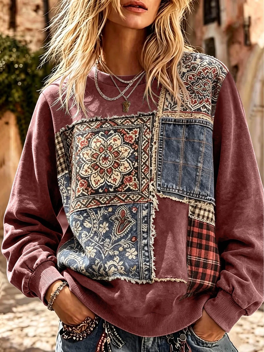 Breezaya Plus Size Women's Vintage Boho Floral Plaid Print Patchwork Sweatshirt,Long Sleeve Crew Neck Pullover Casual Loose Streetwear Top,Fall Women Outfits - Multicolor - View 1