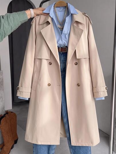 SHEIN Teen Girls Teen Girl Fashion Casual Khaki Woven Double-Breasted Lapel Loose Long Trench Coat For Casual Commute