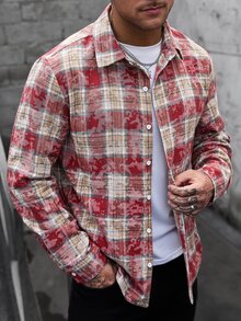 Manfinity CasualCool 男士休閒度假格紋鈕扣長袖襯衫 - 紅色 - 查看 6