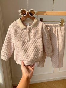 SHEIN 男女嬰兒/幼兒 2件組秋冬加厚紋理布料 POLO 套裝，衛衣套裝，嬰兒冬季服飾，聖誕 - 杏色 - 查看 7