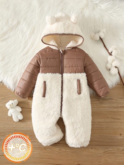 SHEIN Baby Boy Baby Girl Newborn Autumn/Winter Casual Colorblock Hooded Fleece Lined Thick Long Sleeve One-Piece Jumpsuit, Fleece Lined Thick One-Piece Ski Suit For Infants