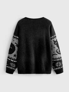 ROMWE Sweater Pullover Ukuran Besar Serbaguna Gaya Gothic Gelap Motif Kucing Hitam Misterius untuk Wanita, Musim Gugur/Musim Dingin - Hitam - View 2