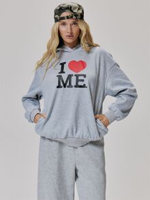MUSERA Grey Graohic Detail Long Sleeve Hoodie Fall Autumn Winter Coolgirl Style Casual - Light Grey - View 2