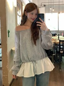 Dazy Tall Women's Korean Style Long Sleeve Patchwork Hem 2 In 1 Sweatshirt - Grey - View 5