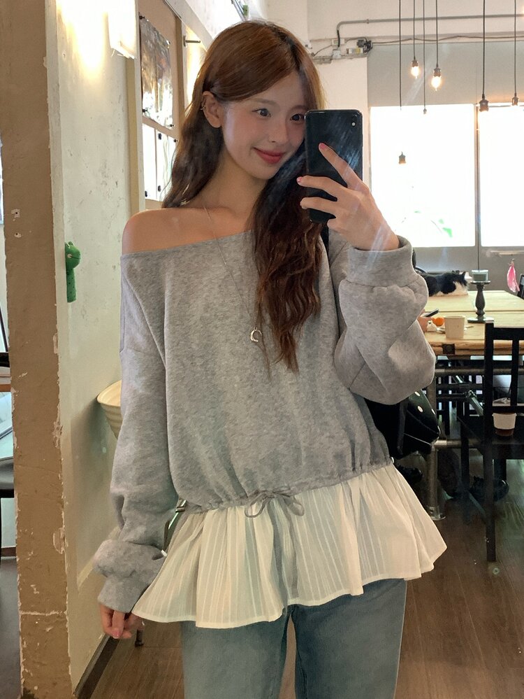 Dazy Tall 女款韓式長袖拼接下擺二合一運動衫 - 灰色 - 查看 5