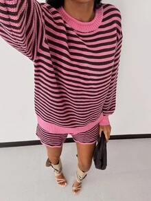 Glamine Autumn/Winter Fashion Striped Crew Neck Long Sleeve Shorts 2 Pieces Set - Multicolor - View 5
