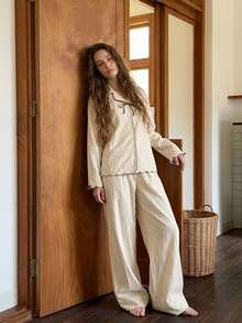 Livesso Women's Color Block Bow Decor Long Sleeve Top And Pants Casual Daily Pajama Set - Beige - View 6