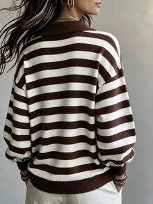Linhara CURVE Plus Size Women's Striped Drop Shoulder Long Sleeve Single-Breasted Casual Knit Cardigan - Multicolor - View 2