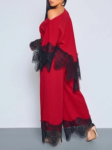 SOLERSUN Plus Size French Style Asymmetric Hem Asymmetrical Shoulder Top And Lace Patchwork Loose Long Pants 2 Pieces Set Fall - Red - View 4