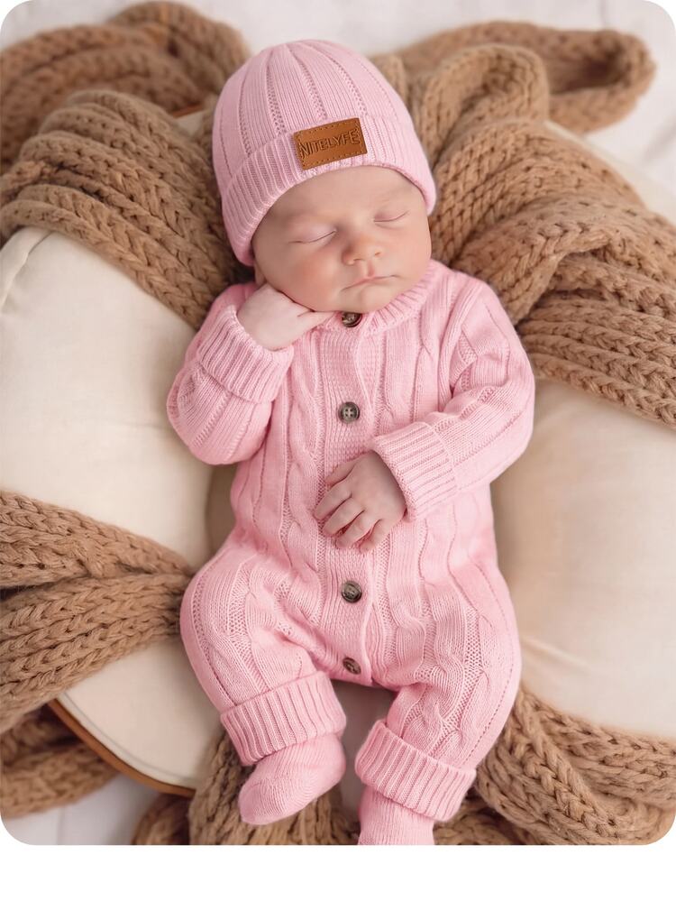 Newborn Baby Cable Knit Long Sleeve Single-Breasted Romper - Baby Pink - View 1