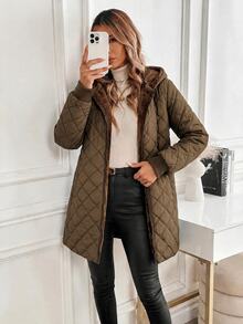 SHEIN Clasi Women's Solid Color Long Sleeve Zipper Front Thermal Lined Casual Hooded Winter Jacket - Rust Brown - View 4
