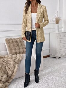 SHEIN Clasi 女款優雅秋季格紋西裝外套，百搭長袖夾克，適合日常穿著與通勤，經典格紋外衣 - 卡其色 - 查看 6