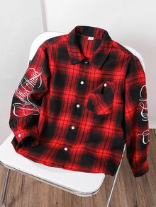 SHEIN 兒童青少年男孩休閒款柔軟舒適聖誕紅色格紋翻領襯衫，基礎上衣，適合秋冬、聖誕節、萬聖節、學校、家庭聚會、度假、派對，秋季穿搭，冬季穿搭 - 彩色 - 查看 4