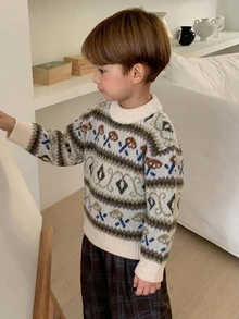 Hapijoa Boys (Small) Casual Patterned Long Sleeve Thick Sweater Top, Autumn/Winter - Beige - View 3