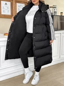 SHEIN CURVE+ معطف طويل مبطن بالريش أسود بقلنسوة وحبل شد، مقاس كبير، مناسب للخريف/الشتاء، بأسلوب العودة إلى المدرسة والكلية، مناسب للاستخدام اليومي والكاجوال متعدد الاستخدامات - الأسود - مشاهدة 9