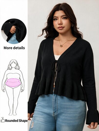 Enliva Plus Size Women's Retro Sexy Casual Tie-Waist Black Flared Sleeve Loose Cardigan