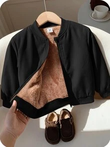 SHEIN 男童燈芯絨抓絨內裡拉鍊棒球夾克加厚外套，超高CP值，適合通勤、上學、日常休閒、大學、旅行、運動，秋冬款 - 黑色 - 查看 1