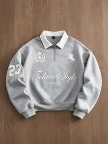 TOKVUE Men's Half-Zip Pullover Sweatshirt, Black Sweatshirt With Contrast Collar, Contrast Letter Badge Print Design, Loose Drop Shoulder Short Fit, American Retro Casual Pullover Sweatshirt, Suitable For Outings, Commuting, Street Style, Home, Travel, Daily Wear, Etc. - Grey - View 1