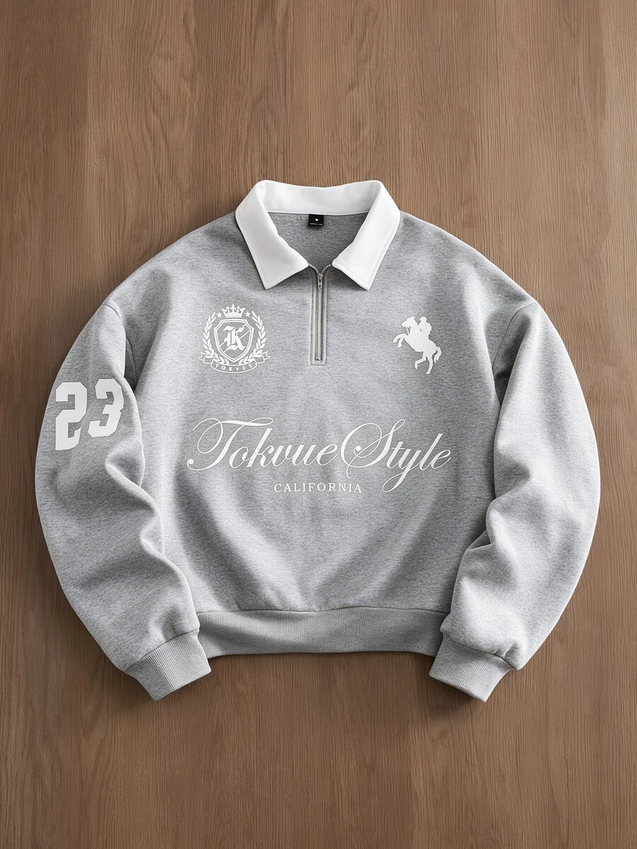TOKVUE Men's Half-Zip Pullover Sweatshirt, Black Sweatshirt With Contrast Collar, Contrast Letter Badge Print Design, Loose Drop Shoulder Short Fit, American Retro Casual Pullover Sweatshirt, Suitable For Outings, Commuting, Street Style, Home, Travel, Daily Wear, Etc. - Grey - View 1