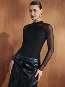 MOTF PREMIUM WOMEN'S BLACK SHOULDER TRANSPARENT MESH PATCHWORK FASHION VERSATILE T-SHIRT - Black - View 4