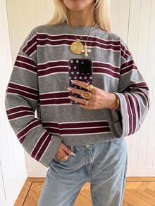 SHEIN EZwear 海外長袖草莓巧克力條紋上衣，秋季襯衫，適合日常通勤、派對、秋冬春夏、聖誕節、新年、感恩節、派對、婚禮、海灘、畢業典禮、優雅、外出、約會、通勤、情人節、優雅、度假、Y2K、畢業典禮等場合 - 彩色 - 查看 4