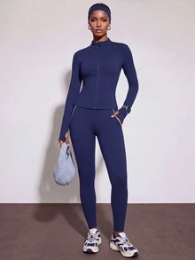 Zivah Women's Solid Color Zip-Up Long Sleeve Top And Leggings Casual Daily Sports Set - Blue - View 1