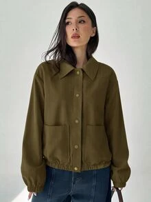 Aloruh Women's Solid Color Long Sleeve Single-Breasted Casual Jacket - Army Green - View 5