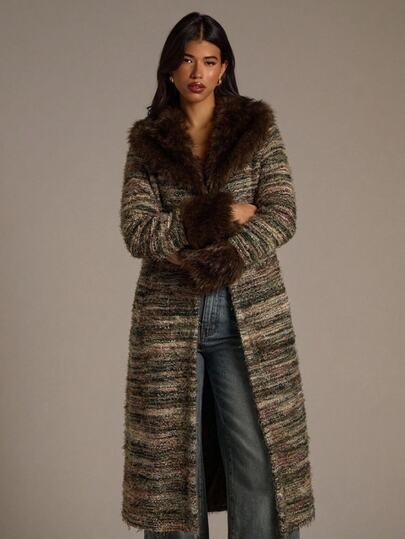 Aloruh Damski długi płaszcz jesienno-zimowy, kurtka z futrzanym kołnierzem, odzież boho, casualowy streetwear