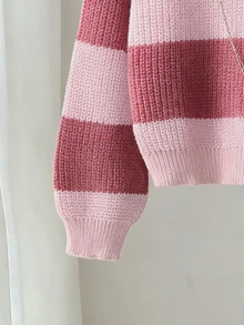 SHEIN 女童針織毛衣，青少年女孩圓領卡其色與咖啡色條紋套頭毛衣，設計感針織毛衣，柔軟針織，簡約內搭層，適合秋冬，休閒長袖上衣，適用於外出、派對、拍照與玩耍 - 彩色 - 查看 3