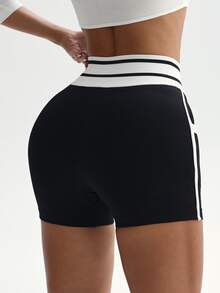 Slayform Seamless Knit Contrast Color Pocket Sports Shorts - Black - View 2
